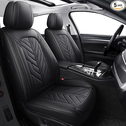 Tomatoman Car Seat Covers Full Set,Universal Automotive Breathable Leather Vehicle Cushion Full Coverage Protectors Fit for Most Cars SUV Pick-up Truck(Full Set/Black)