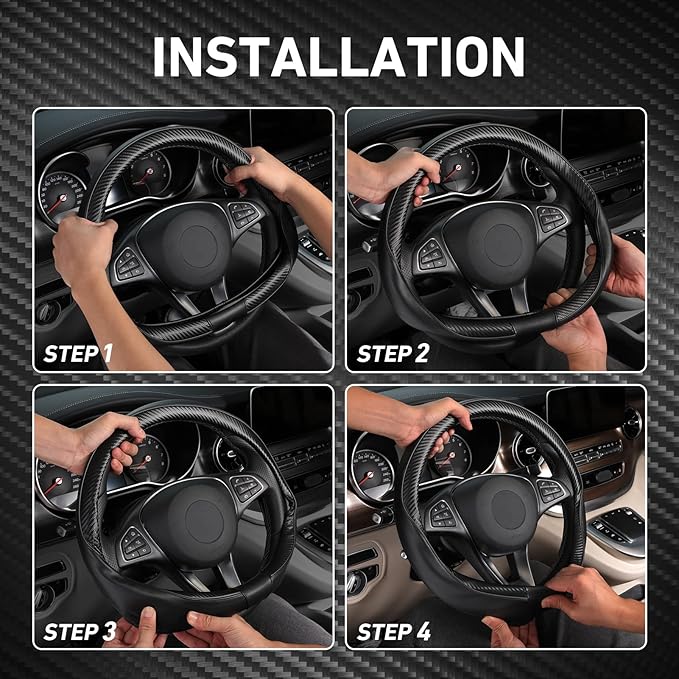SEG Direct Car Steering Wheel Cover Universal Standard-Size 14 1/2"-15" Leather with Carbon Fiber Pattern Black