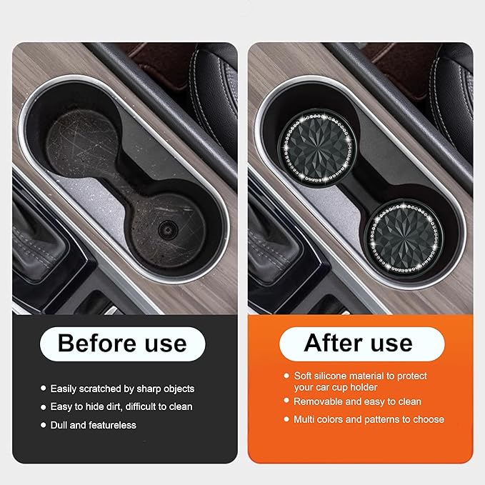 Amooca Car Cup Coaster 4 Pack Universal Non-Slip Cup Holders Insert Coasters Bling Crystal Rhinestone Car Interior Accessories Black Flower