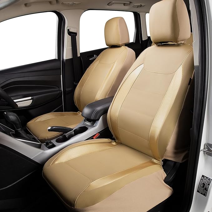 Flying Banner car seat Covers Protects Water Proof Faux Leather Carbon Fiber Fronts Golden Beige (Beige Golden, Front Pair)