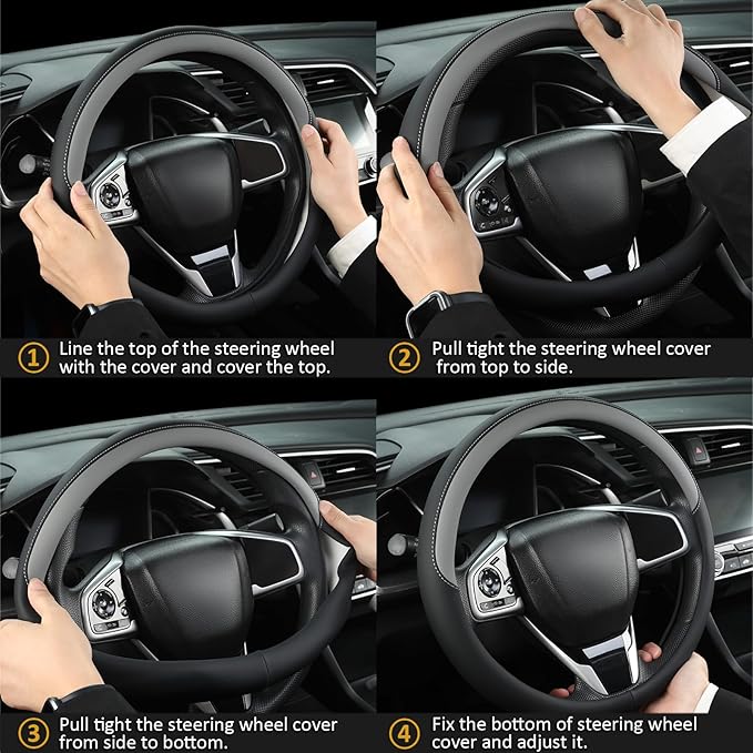 West Llama Thin Car Steering Wheel Cover, Universal 14.5-15 inch Nappa Leather Steering Wheel Cover, Ultra Thin, Anti-Slip, Breathable(Black+Gray-Standard Size)