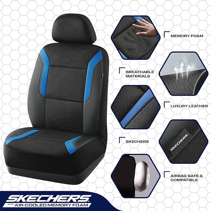Skechers Memory Foam Car Seat Covers, Air Cool Mesh Thick Seat Covers,Car Seat Covers Front Seats Airbag Compatible, Automotive Comfort & Protection for Most Cars, Vans,Trucks, SUVs,Blue