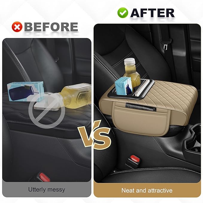 YORKNEIC Upgraded Car Center Console Cover with Cup Holder 2 Storage Bags - Faux Leather Arm Rest Cover Fit for Ford EcoSport,Middle Console Cover Multi-Functional Car armrest Cushion(Beige)