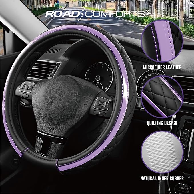 Road Comforts Leather Steering Wheel Cover – Black & Purple, Universal Fit 14.5-15 Inch, Microfiber Leather, Anti-Slip & Breathable Design for Men and Women