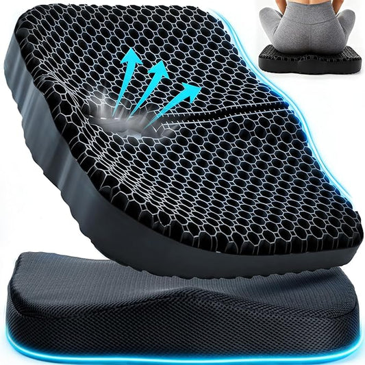 Gel Seat Cushion for Long Sitting & Hip Pain Relief (Large Size) - Cooling 24D Cushions for Office Chair, Car, Wheelchair, Breathable & Non-Slip Cover with Pressure Relief Technology