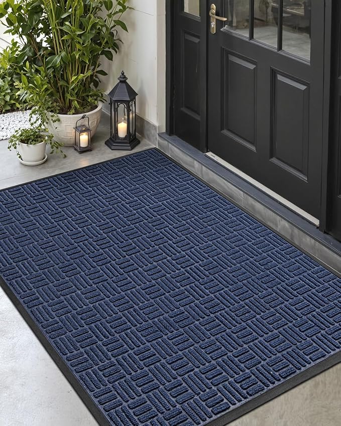 DEXI Front Door Mat Outside Entrance, Rubber Entry Doormat Heavy Duty, Welcome Mats Non Slip for Inside House Floor Entryway Back Doors Exterior Patio, 27.5"x59", Maze Blue