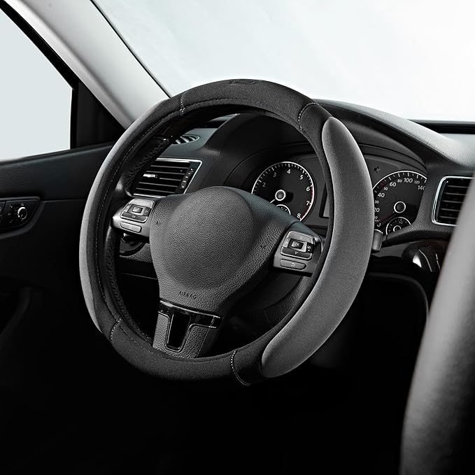 Skechers Steering Wheel Cover,14.5-15 Inch Universal Memory Foam Car Steering Wheel Covers Breathable Anti-Slip Steering Wheels Accessories for Men Women (Black & Grey)