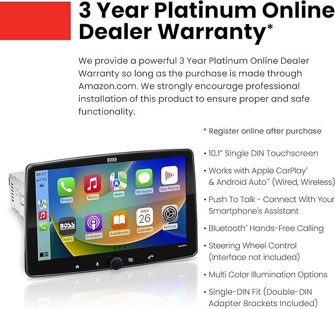 BOSS Audio Systems BCPA10 Single DIN Car Stereo Wireless Apple CarPlay, Wireless Android Auto, 10.1 Inch Touchscreen, Bluetooth, AM/FM Radio Receiver