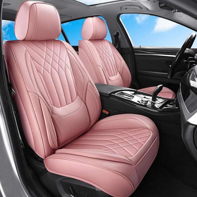 Pink Car Seat Covers Full Set, Full Coverage Luxury Leather Car Seat Protector Universal Fit for Most Cars SUVs Pick-up Trucks, Pink Seat Covers Car Interior Accessories for Women