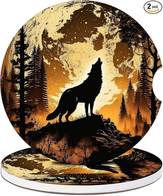 2 Pack Car Cup Holder Coaster-Wolf Full Moon Absorbent Ceramic Coaster,Forest Car Coasters for Cup Holders,Auto Accessories for Women & Men