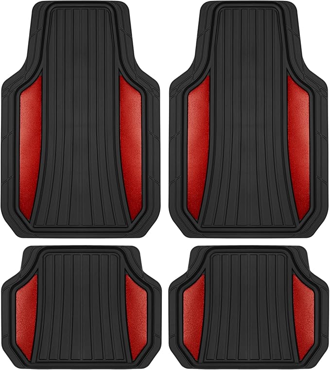 Motor Trend ChromeTech Car Floor Mats Full Set - Durable Rubber Floor Mats for Cars with Two Tone Accent, All Weather Interior Protection for Front and Rear with Non-Slip Backing, Red Chrome
