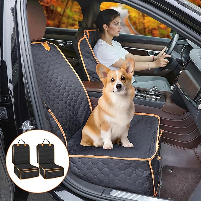 2 Packs Front Seat Car Cover, Waterproof Dog Car Seat Cover, Non-slip & Scratch-Proof, Pet Car Seat Protector with Side Flaps and Storage Pocket, Car Seat Cover for Most Cars, Trucks and SUVs