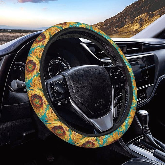 Painting Sunflower Steering Wheel Covers Anti-Slip Elasticity Car Accessories Steering Wheel Protector Universal 15 Inch for Cars SUV Vehicle Truck