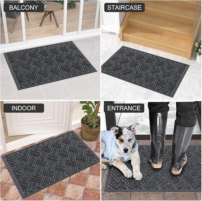 OLANLY Indoor Outdoor Mat, Sturdy Natural Rubber Floor Mat, Non Slip Low Profile Waterproof Doormat, and Stain Front Door Mats, Easy Clean Patio Entrance Mat, 30''x17'', Grey