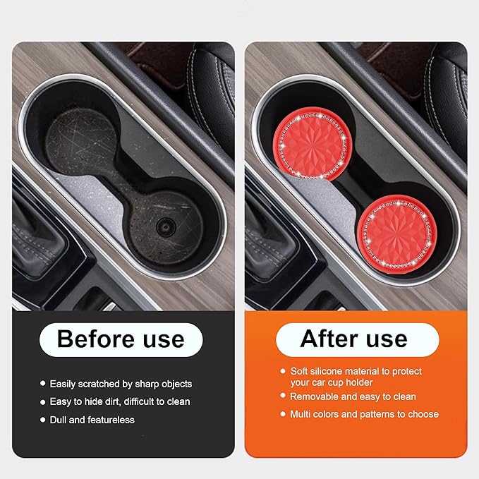 Amooca Car Cup Coaster 4 Pack Universal Non-Slip Cup Holders Insert Coasters Bling Crystal Rhinestone Car Interior Accessories Red Flower