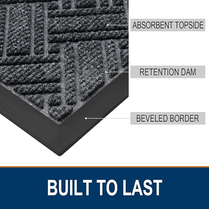 OLANLY Indoor Outdoor Mat, Sturdy Natural Rubber Floor Mat, Non Slip Low Profile Waterproof Doormat, and Stain Front Door Mats, Easy Clean Patio Entrance Mat, 36''x24'', Grey