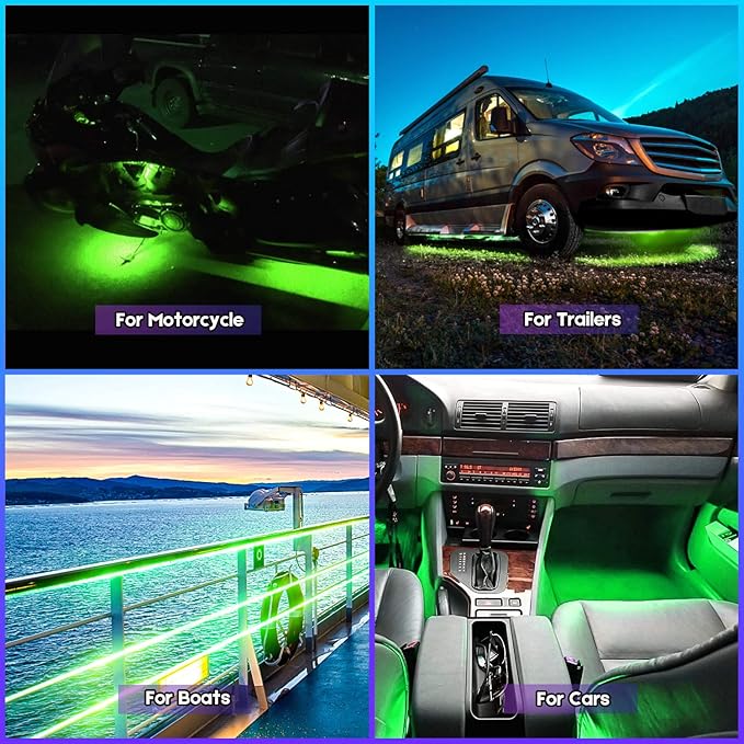 24 Inch Green Car Led Strip Light Cuttable 12V for Car Automotive Motorcycle Truck Marine Boat Inside, Pack of 4