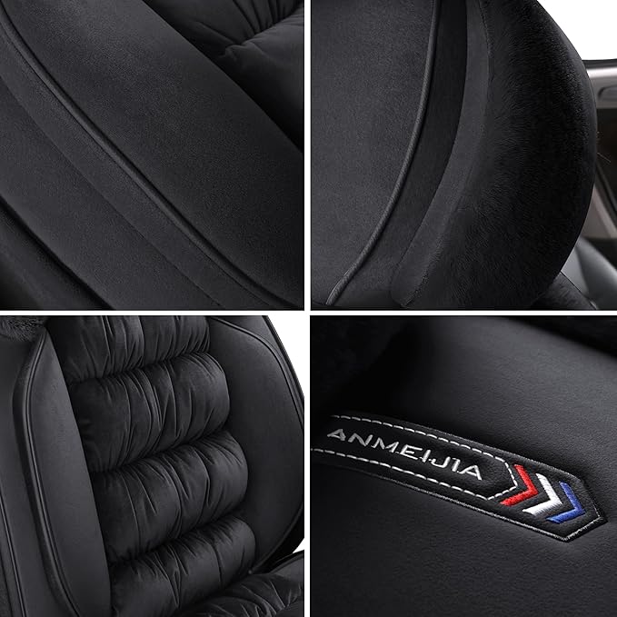 AOOG Fuzzy Leather Car Seat Covers, Heated Front Bench Back Cushion Protector for Cars SUV Trucks (Full Set, Black)