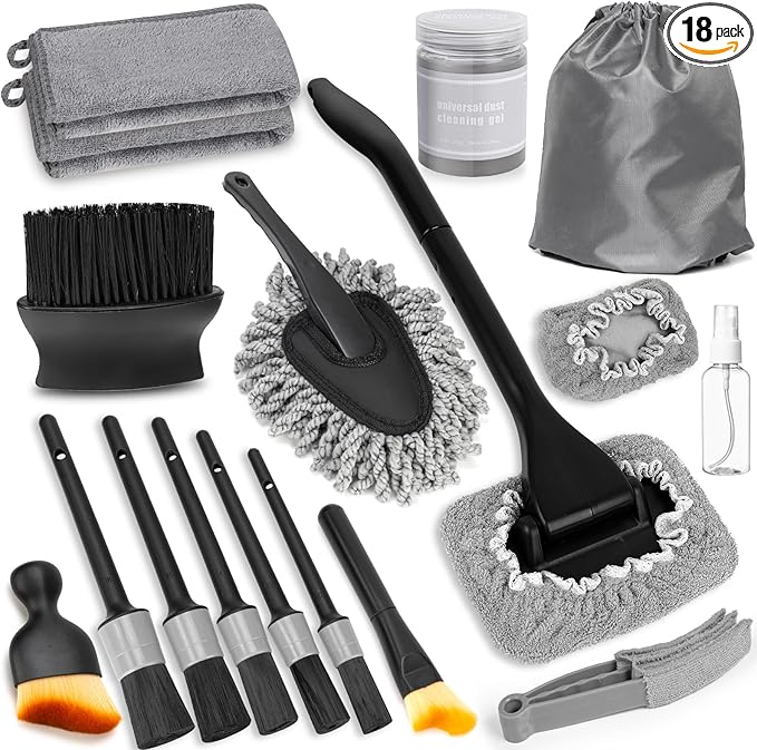 Windshield Cleaner Tool, 18Pcs Car Interior Detailing Brush Set, Inside Windshield Cleaning Kit with 2 Microfiber Pads, Duster Brush, Cleaning Gel, Car Detailing Supplies for Women & Men