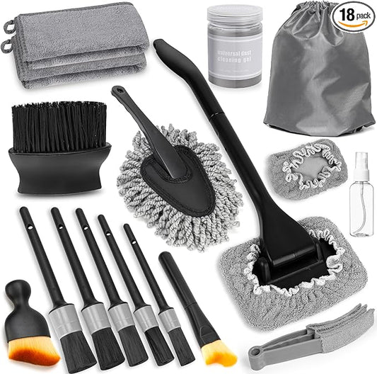 Windshield Cleaner Tool, 18Pcs Car Interior Detailing Brush Set, Inside Windshield Cleaning Kit with 2 Microfiber Pads, Duster Brush, Cleaning Gel, Car Detailing Supplies for Women & Men