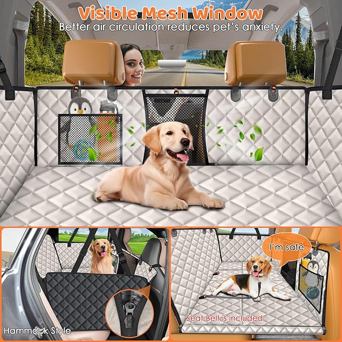 URPOWER Hard Bottom Dog Seat Cover with Mesh Window Waterproof Bench Dog Car Seat Cover for Back Seat Nonslip Pet Rear Seat Protector for Fur & Mud, Washable Dogs Hammock for Cars Trucks and SUV