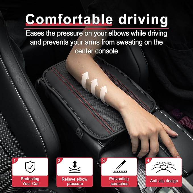 Amiss Car Center Console Pad, Universal Waterproof Car Armrest Seat Box Cover, PU Leather Auto Armrest Cover Protector，Vehicle Interior Accessories fits SUV/Truck/Car (Black-Red)