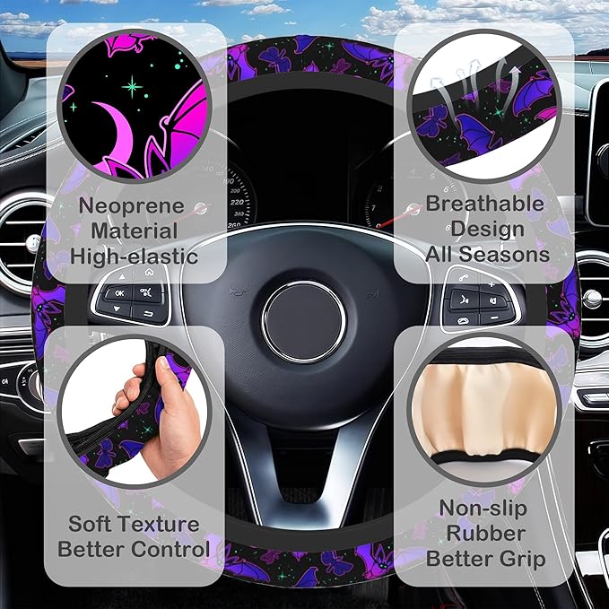 Purple Bat on Starry Sky Steering Wheel Cover with 2 Pcs Car Coasters Neoprene Steering Wheel Cover for Women Men Anti-Slip Breathable Car Accessories Universal 15 Inch Fit Auto Cars Trucks
