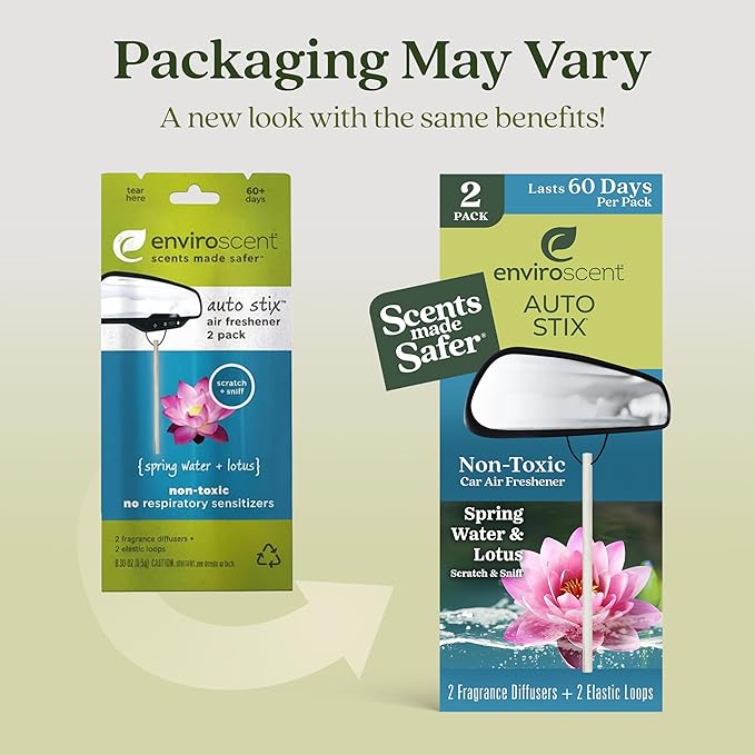 Enviroscent Non-Toxic Car Air Freshener | Natural Car Air Freshener | Essential Oil Diffuser | Car Scent Lasting Over 480 Days | 8 Packs of 2 Hanging Auto Stix (Spring Water & Lotus)