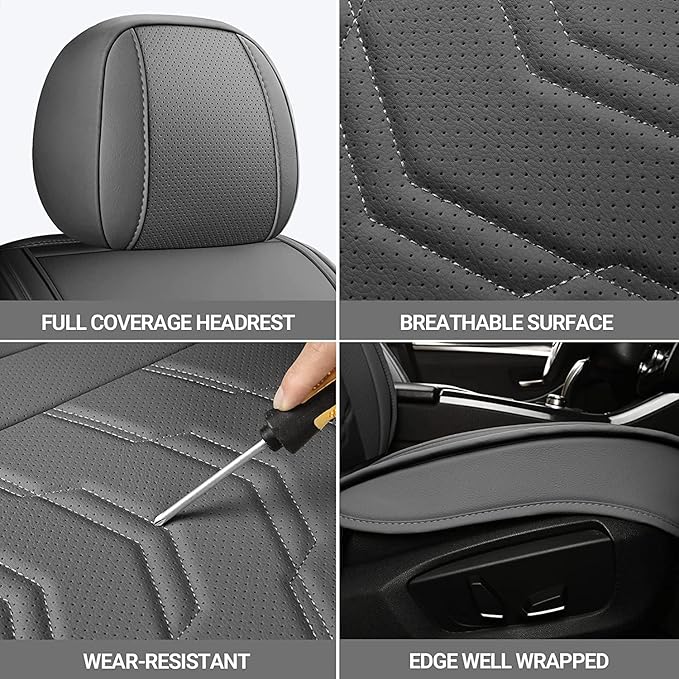 AOOG Leather Car Seat Covers Universal fit Most Sedans SUV Trucks, (Full Set, Grey)