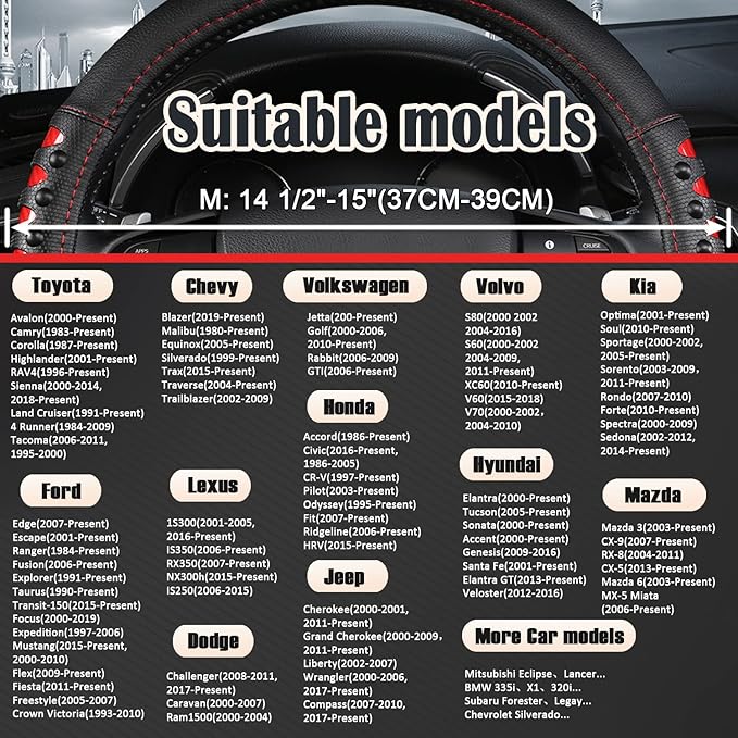 West Llama Microfiber Leather Car Steering Wheel Cover for Men Women,Universal Fit 14.5-15 inch(Leather Nails-Red+Black-Standard Size)