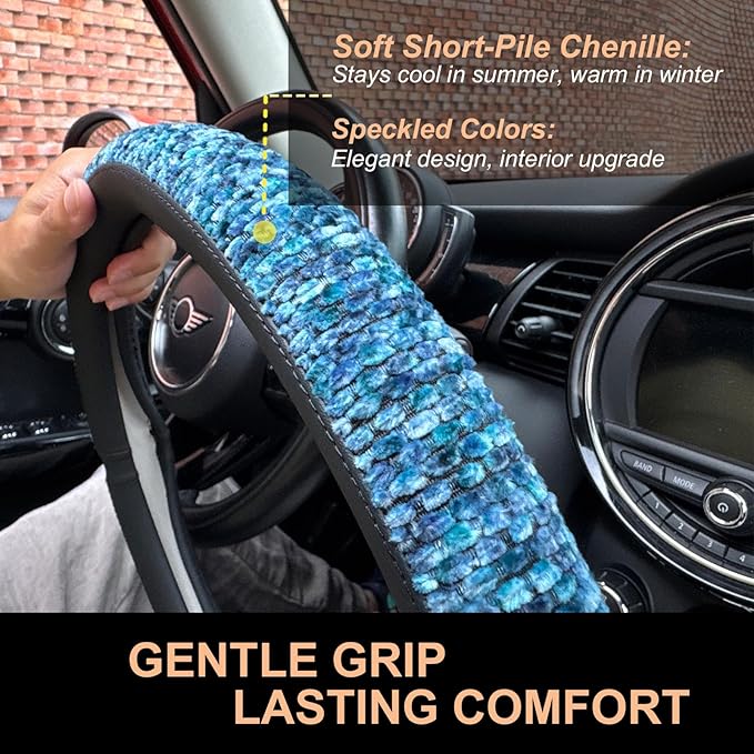 PINCTROT Chenille Leather Steering Wheel Cover, Soft Mottled Colors, Sweat-Proof, Non-Slip Grip, All-Season Comfort, Universal 14.5-15 Inch(Mottled Blue)