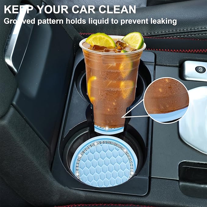 Amooca Car Cup Coaster 4 Pack Universal Non-Slip Cup Holders Insert Coasters Bling Crystal Rhinestone Car Interior Accessories Blue Grid