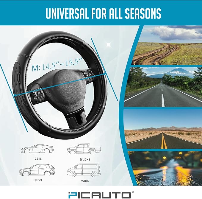 PIC AUTO Steering Wheel Cover, Black Thick Rhombic Foam and Premium Leather, Universal 14.5-15.5 Inch Breathable Anti-Slip Steering Wheels Accessories for Men & Women