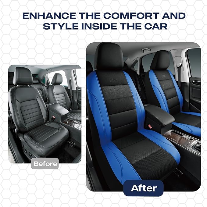 Skechers Aircooled & Memory Foam Car Seat Covers,Premium Leather with EVA Mesh Seat Covers, Front car seat Protector, Airbag Compatible, Automotive Comfort for Most Cars, Vans, Trucks, SUV,Blue