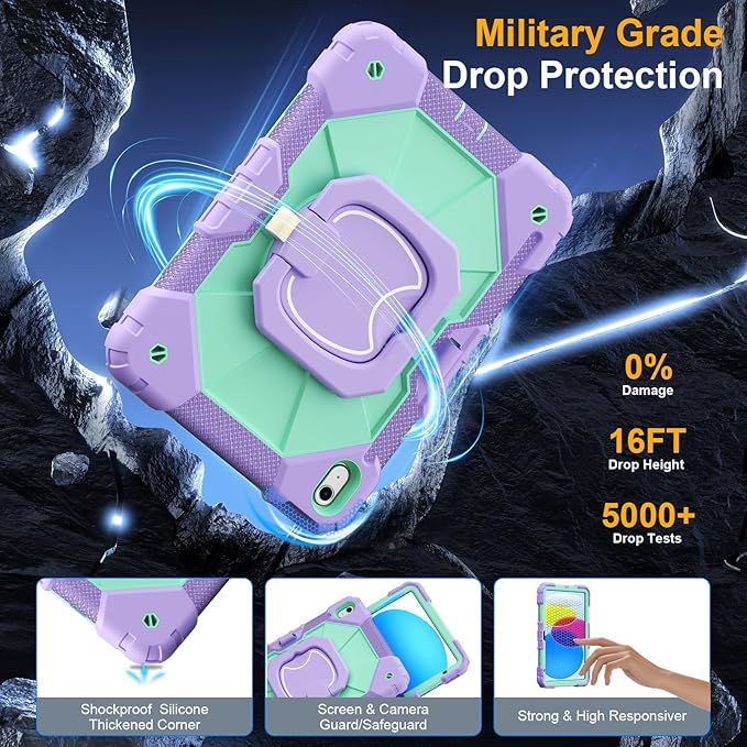 Case for iPad A16 11th/10th Generation 11 inch/10.9 inch 2025/2022, Ubearkk for iPad a16 case with Screen Protector, 360 Degree Rotating Stand Shoulder Strap Pencil Holder Purple Mint
