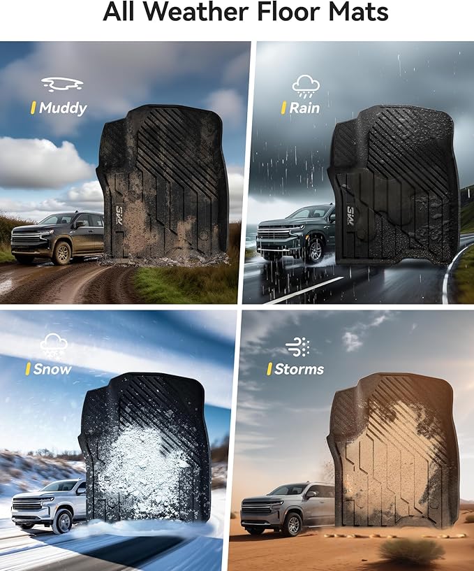 3W Floor Mats & Cargo Liner Fit for 2021 2022 2023 2024 2025 2026 Chevy Tahoe/GMC Yukon/Cadillac Escalade 7 Seat, TPE All Weather Custom Fit Car Accessories Heavy Duty Rubber Full Set Trunk Mats