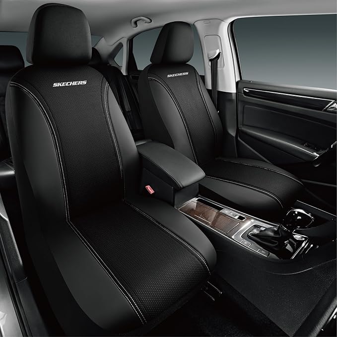 Skechers Memory Foam Seat Covers,Air- Cooled Mesh Thick Car Seat Covers,Leather Front Seat Covers,Airbag Compatible,Automotive Comfort Universal Fit for SUVs,Vans,Sedans,Cars,Trucks,Black