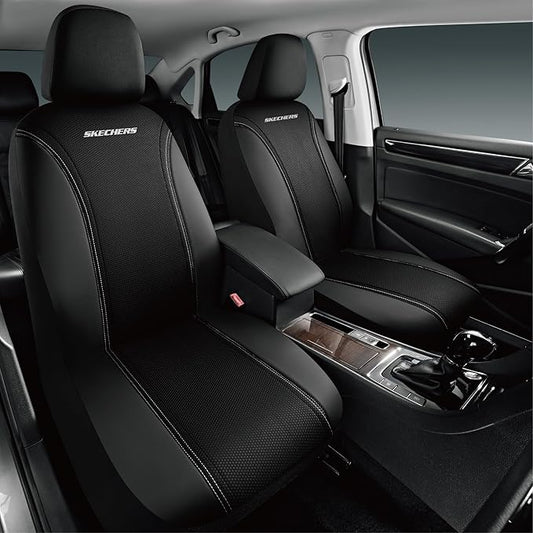 Skechers Memory Foam Seat Covers,Air- Cooled Mesh Thick Car Seat Covers,Leather Front Seat Covers,Airbag Compatible,Automotive Comfort Universal Fit for SUVs,Vans,Sedans,Cars,Trucks,Black