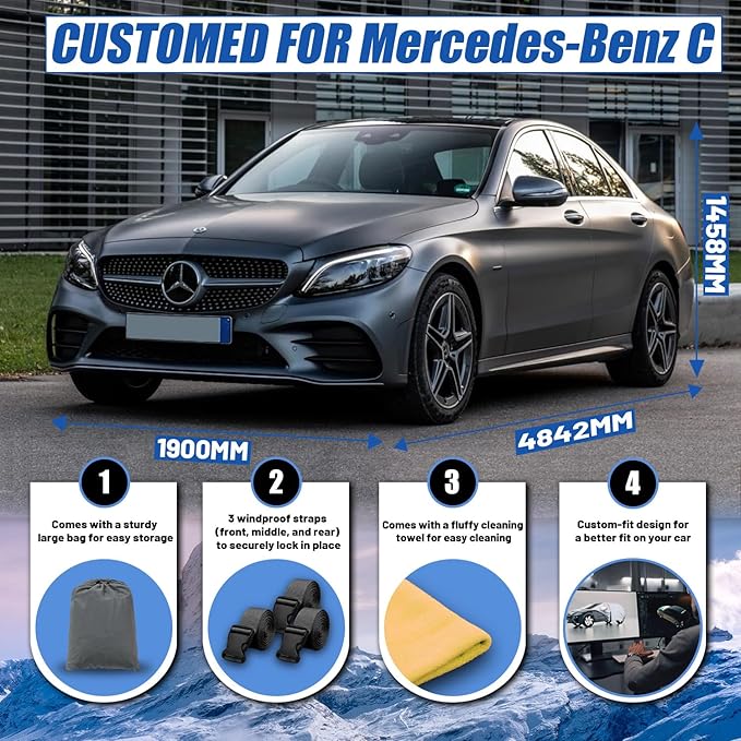 [2025 Upgrade] Car Cover Custom Fit for Mercedes Benz C-Class C300/C250/ C43 Sedan (2004-2025), Waterproof All Weather for Automobiles Full Exterior Cover Rain Sun Snow UV Protector.