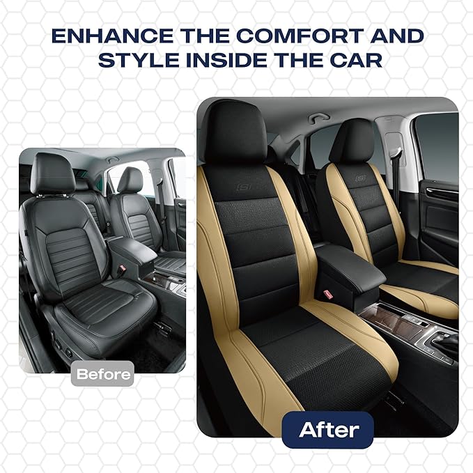 Skechers Aircooled & Memory Foam Car Seat Covers,Premium Leather with EVA Mesh Seat Covers, Front car seat Protector, Airbag Compatible, Automotive Comfort for Most Cars, Vans, Trucks, SUV,Biege
