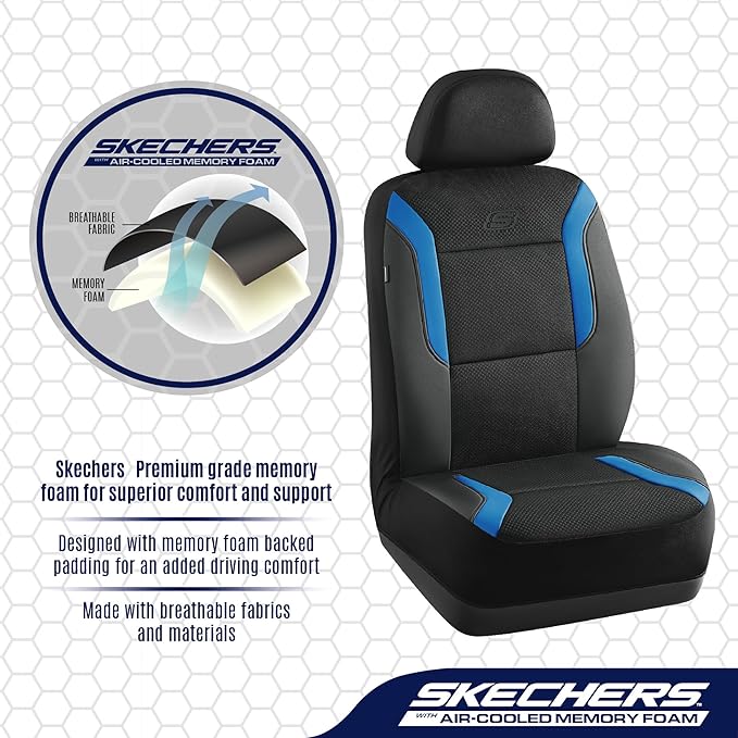 Skechers Memory Foam Car Seat Covers, Air Cool Mesh Thick Seat Covers, Car Seat Cover Full Sets, Airbag Compatible, Automotive Comfort Protection for Most Cars,Vans,Trucks, SUVs,Blue