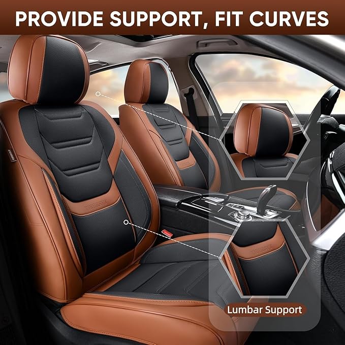 Leather Car Seat Covers Full Set with Lumbar Support, Waterproof Car Seat Cover, Universal Seat Covers for Cars, Trucks, SUVs, Sedans, Pickups, Airbag Compatible, Front Pair, Brown&Black