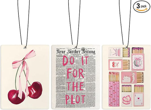 Cute Pink Air Freshener for Car, Coquette Pink Bow Cherry Matchbox Do It for the Plot Air Freshener Hanging 3 Pcs for Cars Closet Drawer or Books, Girly Preppy Car Mirror Decor for Women
