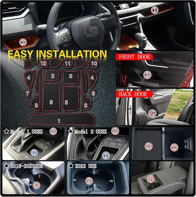 Premium Liner Mat Accessories Compatible with Toyota RAV4 2019-2024 and 2021-2024 RAV4 Prime, Custom Fit Cup Holder, Door Pocket and Center Console Inserts (Red Trim, 14-PCS)