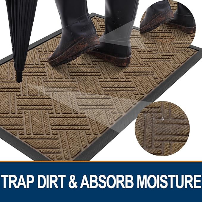 OLANLY Indoor Outdoor Mat, Sturdy Natural Rubber Floor Mat, Non Slip Low Profile Waterproof Doormat, and Stain Front Door Mats, Easy Clean Patio Entrance Mat, 36''x24'', Light Brown