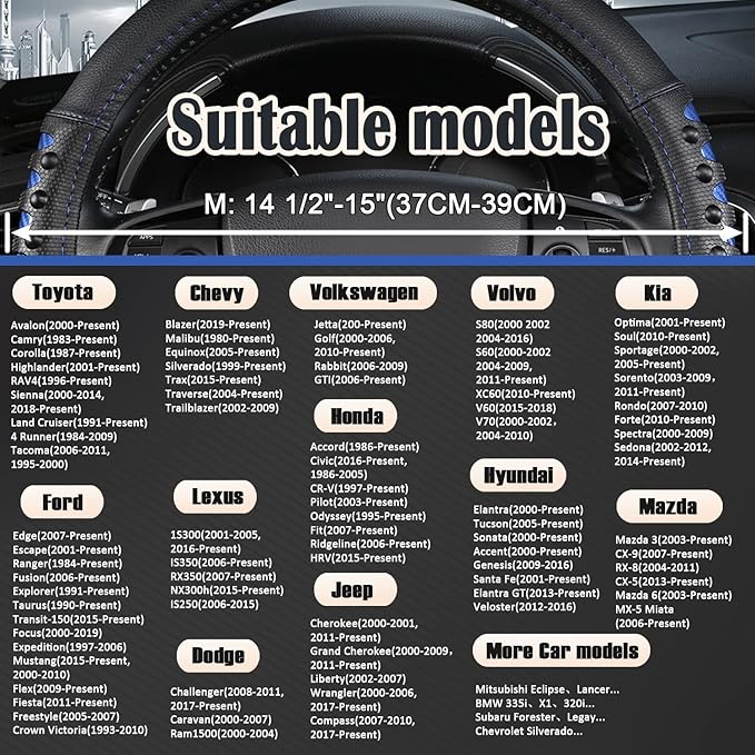 West Llama Microfiber Leather Car Steering Wheel Cover for Men Women,Universal Fit 14.5-15 inch(Leather Nails-Blue+Black-Standard Size)