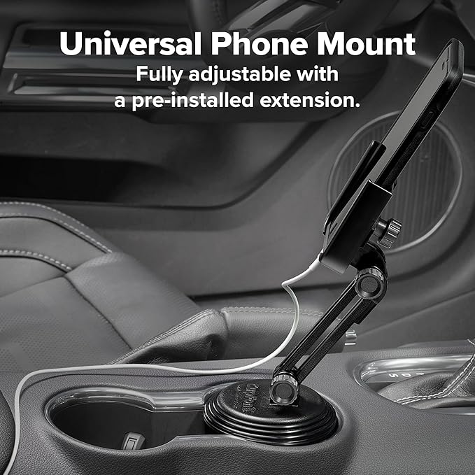 WeatherTech CupFone with Extension – Adjustable, Universal Cup Holder Cell Phone Mount Car & Truck Accessory – Best Design for iPhone & Smartphone Charging – Black Plastic Knobs