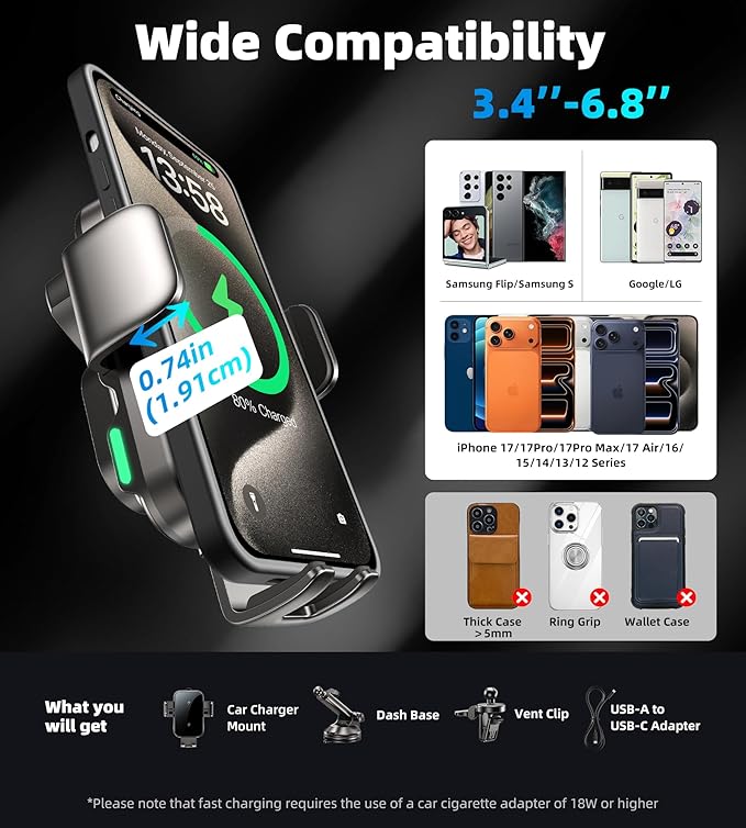 Dual Coil 15W Car Phone Holder (Not Easy to Disconnect) Wireless Car Charger -Auto Clamping- Charging Phone Holders for Your Car Dash Vent Windshield, for Flip S24/S23/S22/S21, iPhone 17/16/15