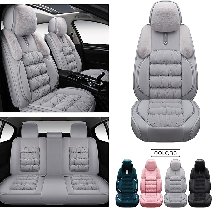 AOOG Fuzzy Leather Car Seat Covers Full Set, Heated Front Bench Back Cushion Protector for Cars SUV Trucks (Full Set,Grey)