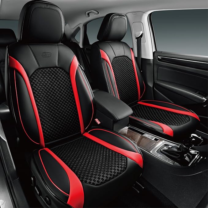 Skechers MAX Cushioning Car Seat Covers,Memory Foam Leather Seat Covers, Air Cooled Car Seat Cover Front Seats,Car Seat Cushion Airbag Universal Fit for Most Cars,Vans,Trucks,SUV,Red